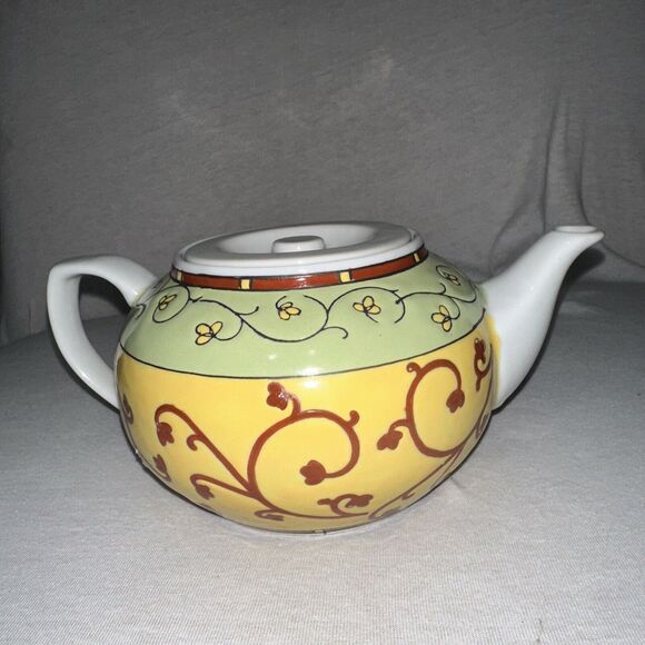 PIER 1 Teapot Cup Set And 3 Piece Cup Set Yellow Burgundy Green Ceramic EUC - Picture 4 of 8